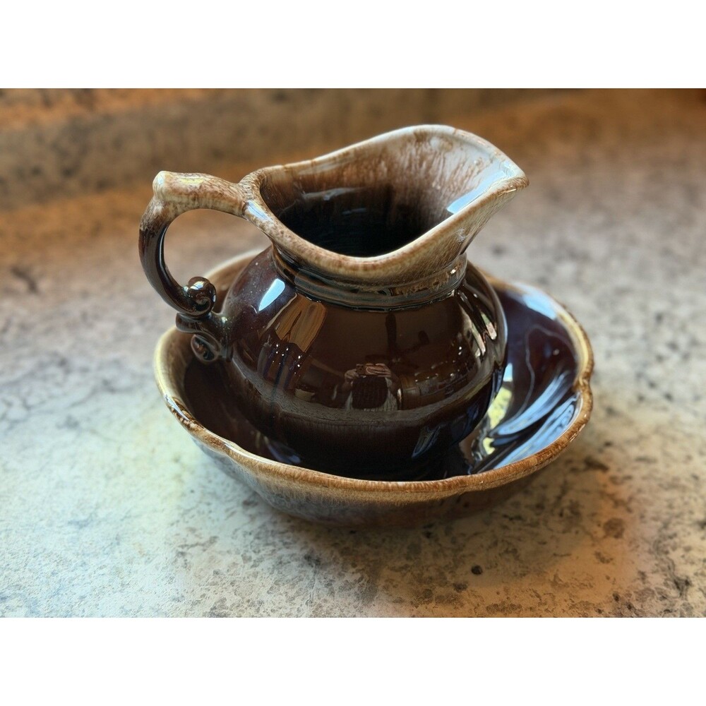 Vintage McCoy Brown Drip Pottery Creamer & Underplate Set 7528 USA